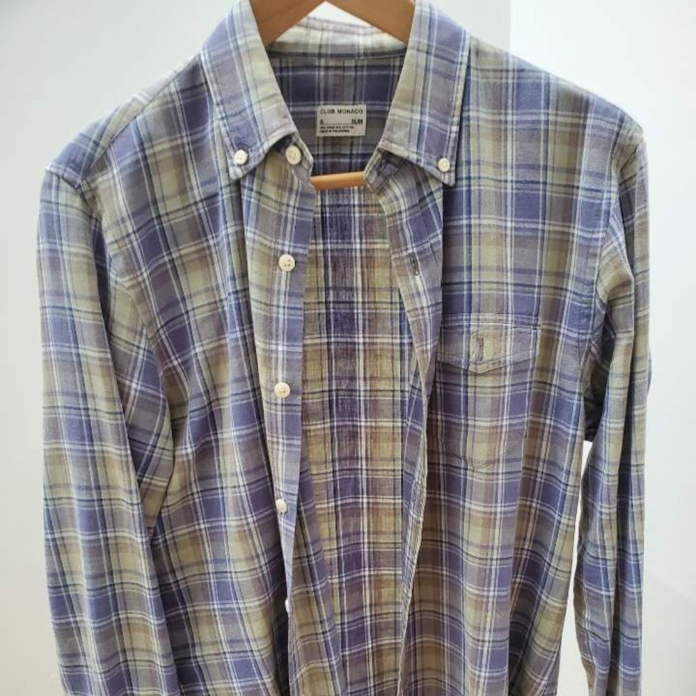 Club Monaco Men's Olive Checkered Shirt (Size S)
